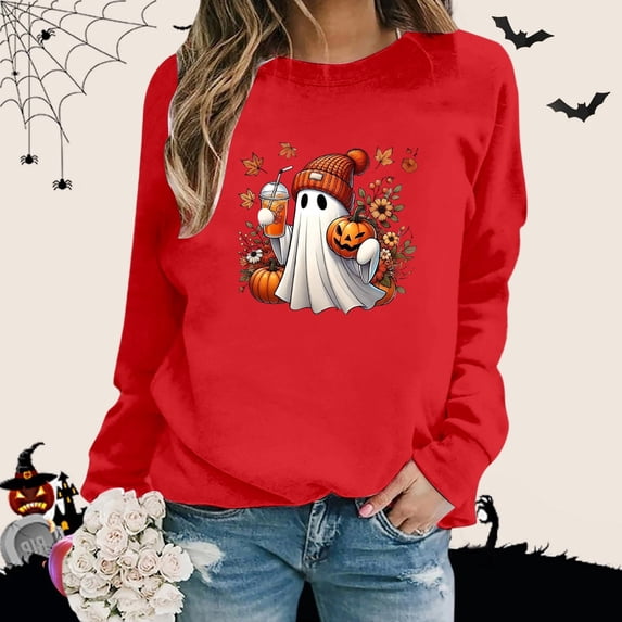 Sweatshirt for Women Oversized Halloween Fall Ghost Pumpkin Floral Graphic Long Sleeve Pullover Crew Neck Streetwear Y2K Casual Loose Fit Top Red S