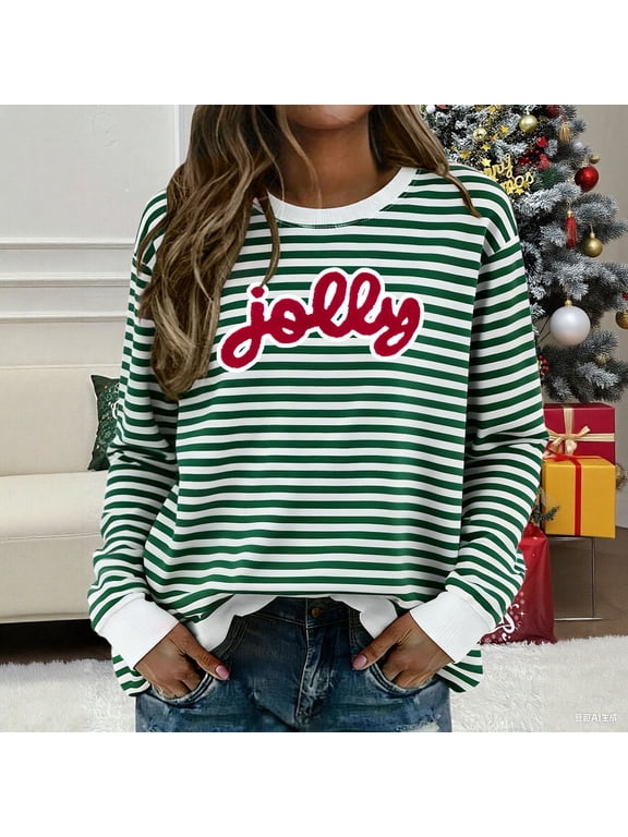 Sweatshirt for Women Oversized Jolly Letter Striped Print Crew Neck Long Sleeve Pullover Tee Christmas Holiday Casual Loose Fit Top Green 2XL