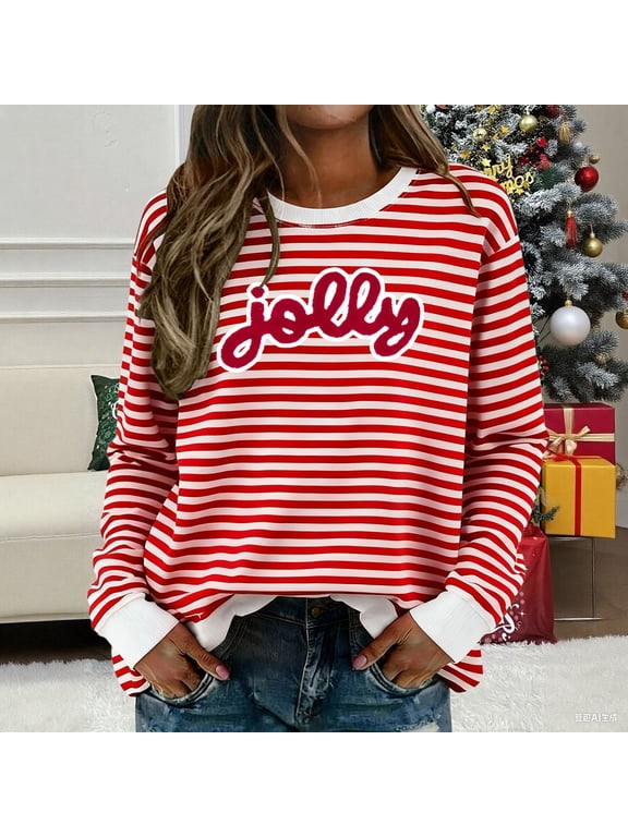 Sweatshirt for Women Oversized Jolly Letter Striped Print Crew Neck Long Sleeve Pullover Tee Christmas Holiday Casual Loose Fit Top Red M