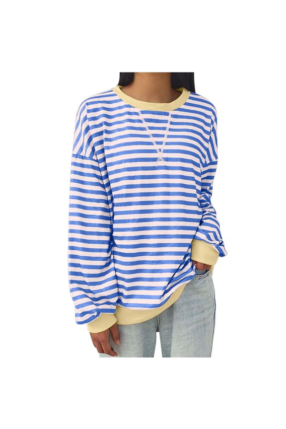 Sweatshirt for Women Oversized Striped Color Block Long Sleeve Crew Neck T-Shirts Casual Loose Pullover Tops Sky Blue L
