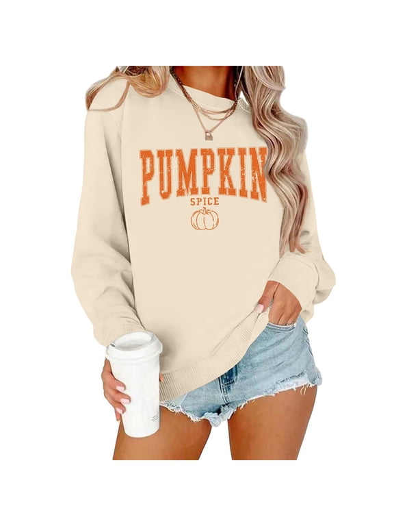 Sweatshirt for Women Oversized Vintage Pumpkin Spice Letter Graphic Crew Neck Long Sleeve Fall Casual Halloween Loose Pullover Tops Beige L