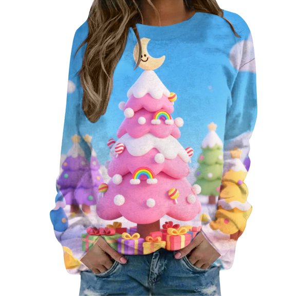 Sweatshirt for Women Party Women's Sweatshirts Long Sleeve Winter Clothing Comfortable Christmas Tree Womens Tops Pink