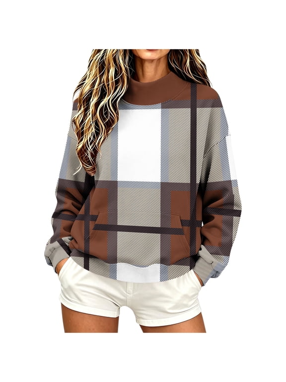 Sweatshirt for Women Plaid Checkered Crew Neck Pullover Top Long Sleeve with Pocket Casual Fall