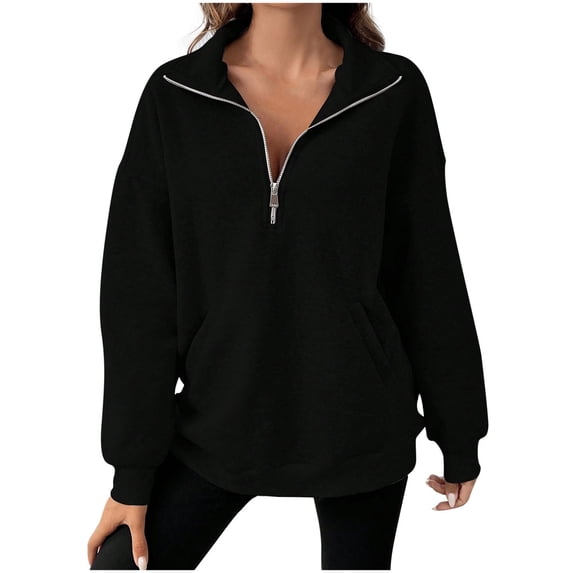 Sweatshirt for Women Plus Size Fall Winter Casual Loose Hoodie Solid Color Zip Long Sleeve Sports Pullover Trendy Tops,Black,S