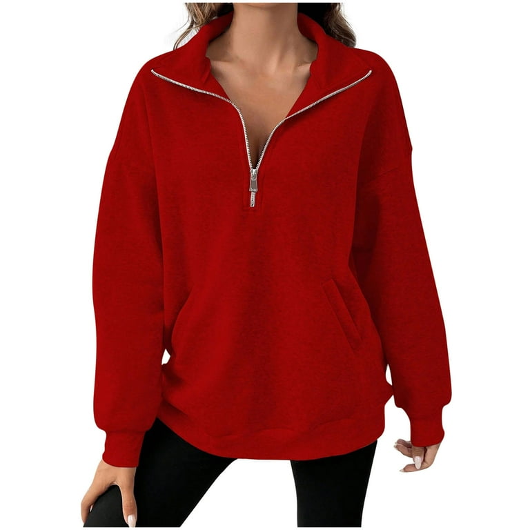 hxshgdsn Sweatshirt for Women Plus Size Fall Winter Casual Loose Hoodie Solid Color Zip Long Sleeve Sports Pullover Trendy Tops Red 2XL Women s