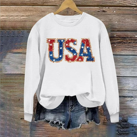 Sweatshirt for Women Plus Size Long Sleeve Printed Round Neck Independence Day Casual Sweatshirts White,Sweatshirt for Women