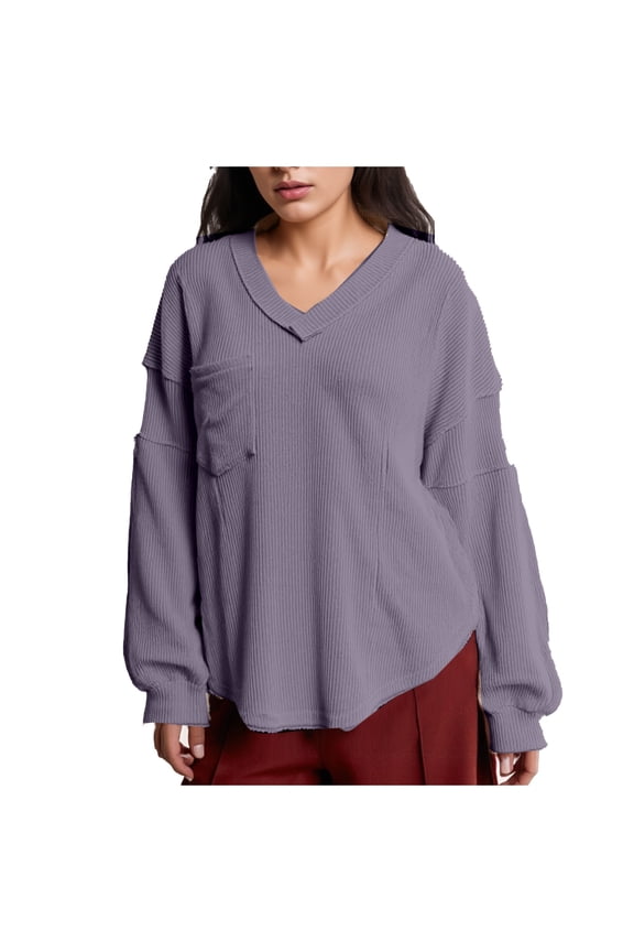 Sweatshirt for Women Ribbed Knit V-Neck Long Sleeve Top Patchwork Pullover with Chest Pocket S-XL