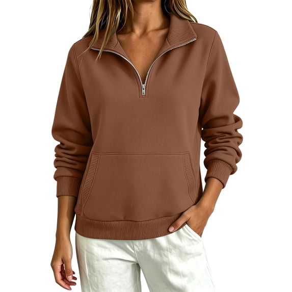 Sweatshirt for Women Right Shoulder Loose Zipper Pullover Design Trending Womens Clothes Brown XL