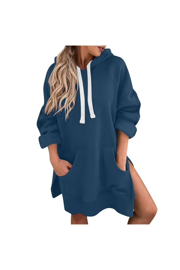 Sweatshirt for Women Side Split Long Sleeve Hoodie Dress Fall Solid Color Tops with Pocket Navy L