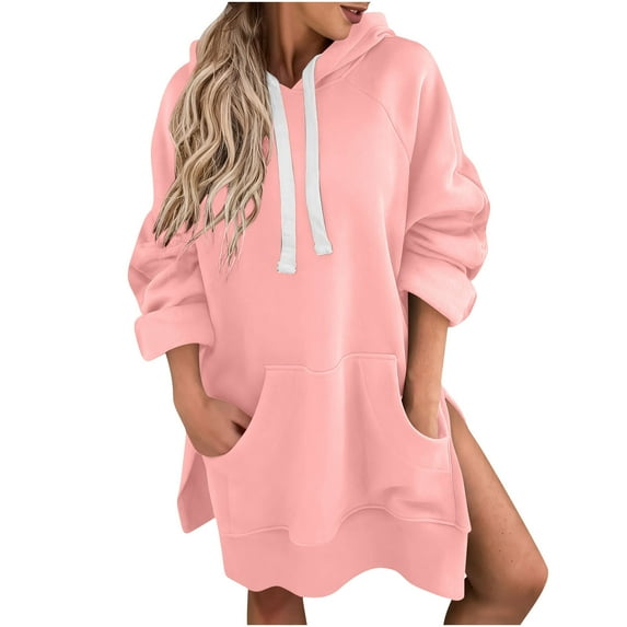 Sweatshirt for Women Side Split Long Sleeve Hoodie Dress Fall Solid Color Tops with Pocket Pink S