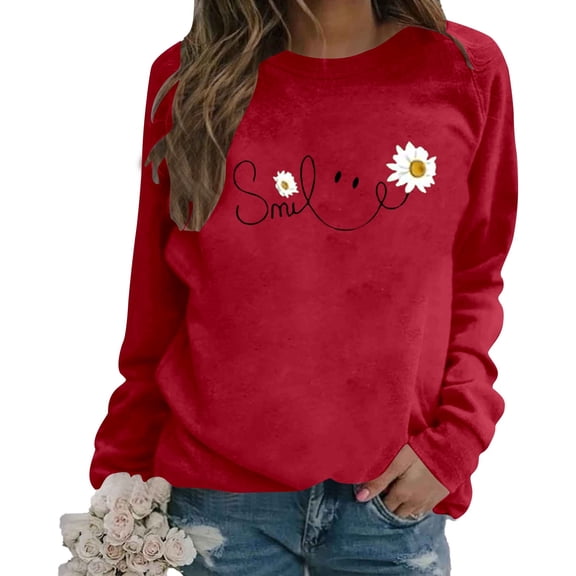 Sweatshirt for Women Smile Letter Print Long Sleeve Lightweight Pullover Floral Graphic Relax Fit Fall Tops