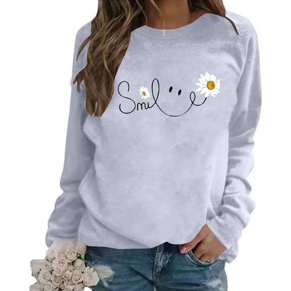 Sweatshirt for Women Smile Letter Print Long Sleeve Lightweight Pullover Floral Graphic Relax Fit Fall Tops