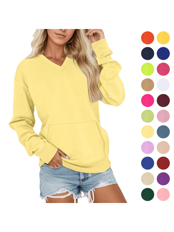 Sweatshirt for Women Solid Color V Neck Long Sleeve Pullover Tops with Pocket Lightweight Basic Workout Casual Sweatshirts,Size S-2XL