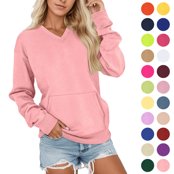 Sweatshirt for Women Solid Color V Neck Long Sleeve Pullover Tops with Pocket Lightweight Basic Workout Casual Sweatshirts,Size S-2XL