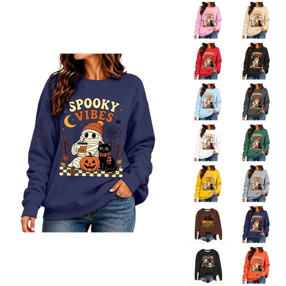 Sweatshirt for Women Spooky Season Sweatshirt Halloween Crewneck Sweatshirt Graphic Lightweight Pullover Tops Fall Sweatshirt