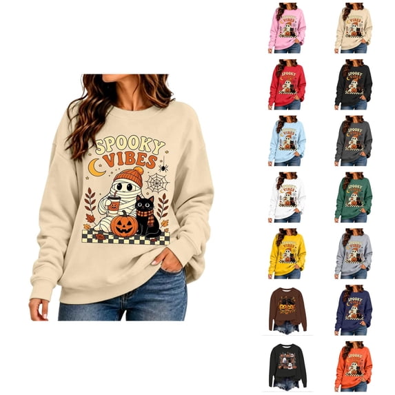 Sweatshirt for Women Spooky Season Sweatshirt Halloween Crewneck Sweatshirt Graphic Lightweight Pullover Tops Fall Sweatshirt