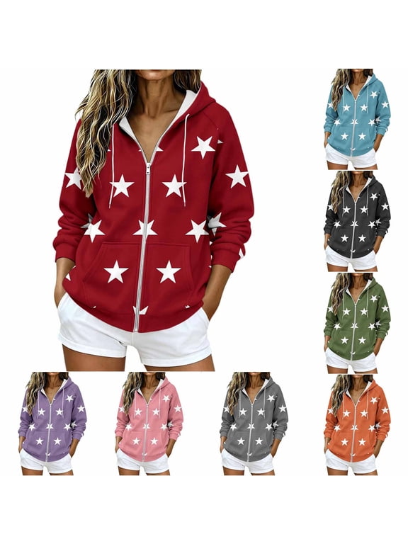Sweatshirt for Women Star Print Zip Up Hoodie Jacket Long Sleeve Drawstring with Pocket Casual Top
