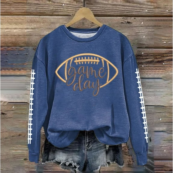 Sweatshirt for Women Touchdown Season Game Day Heart Football Printed Lightweight Crewneck Long Sleeve Pullover Blue XL