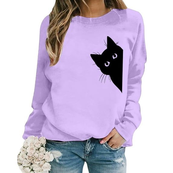 Sweatshirt for Women Trendy Pullover Long Sleeve Crewneck With Cute Cat Print Womens Tops,Light Purple,3XL
