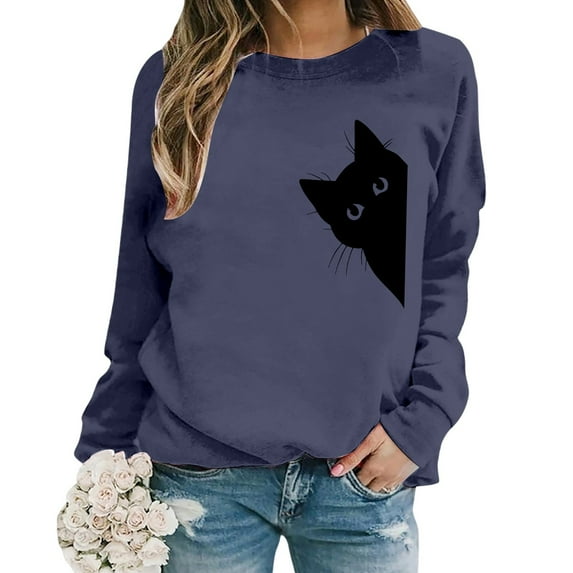Sweatshirt for Women Trendy Pullover Long Sleeve Crewneck With Cute Cat Print Womens Tops,Navy,2XL