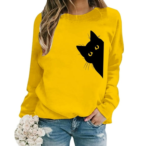 Sweatshirt for Women Trendy Pullover Long Sleeve Crewneck With Cute Cat Print Womens Tops,Yellow,3XL