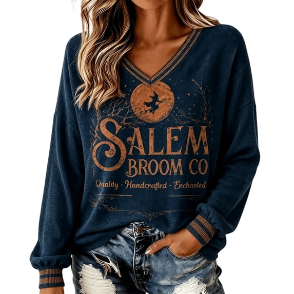 Sweatshirt for Women V Neck Long Sleeve Pullover Retro Witch Broom Moon Graphic Printed Top Loose Fit Casual Fall Halloween Holiday Tops Blue M