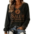 thumbnail image 1 of Sweatshirt for Women V Neck Long Sleeve Pullover Retro Witch Broom Moon Graphic Printed Top Loose Fit Casual Fall Halloween Holiday Tops Dark Gray M, 1 of 3