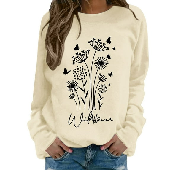 Sweatshirt for Women Vintage Boho Floral Printed Long Sleeve Pullover Blouses Lightweight Casual Trendy Loose Fit Tops Z001-Beige L