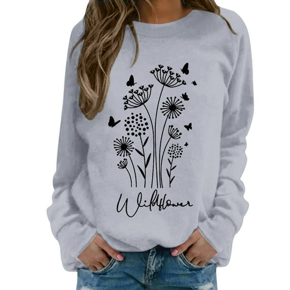 Sweatshirt for Women Vintage Boho Floral Printed Long Sleeve Pullover Blouses Lightweight Casual Trendy Loose Fit Tops Z001-Light Gray M
