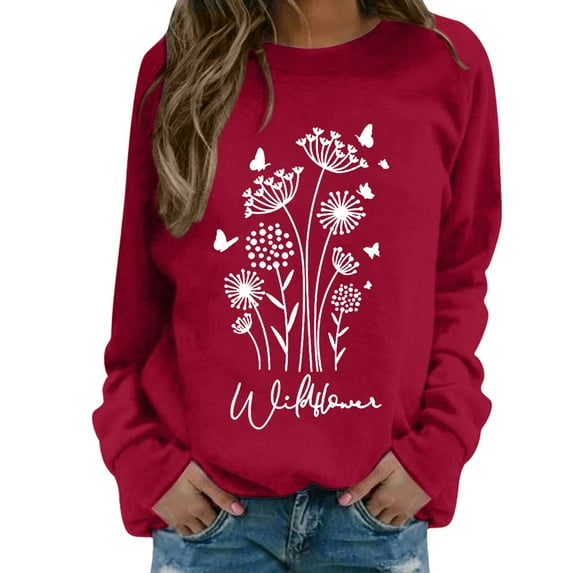 Sweatshirt for Women Vintage Boho Floral Printed Long Sleeve Pullover Blouses Lightweight Casual Trendy Loose Fit Tops Z001-Red XXL