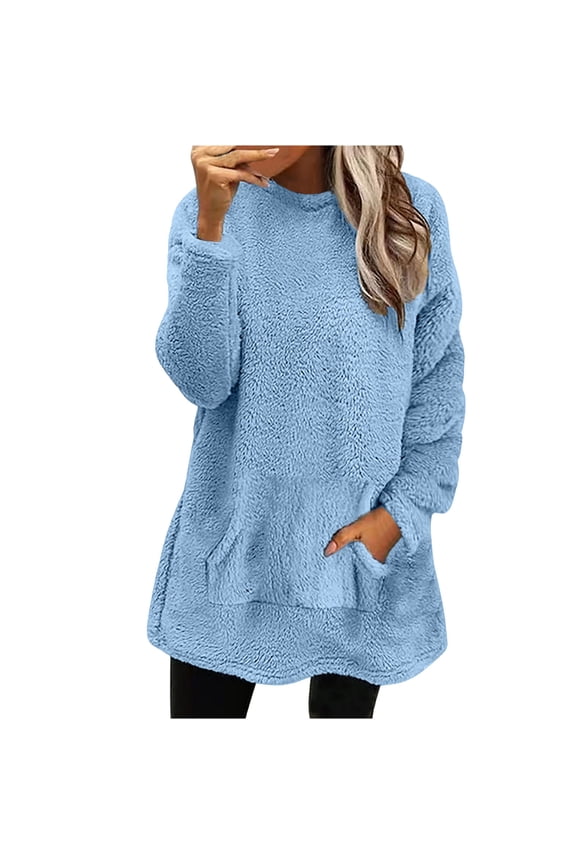 Sweatshirt for Women Warm Cozy Plush Pullover Tops Crew Neck Long Sleeve Fuzzy Sweaters with Pockets