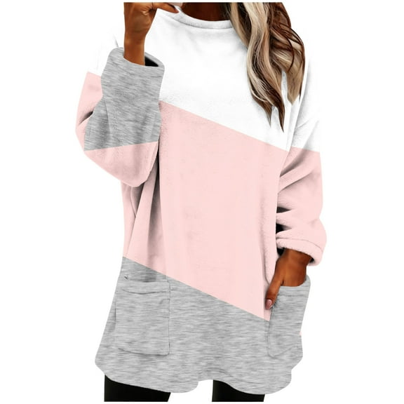 Sweatshirt for Women Winter Warm Round Neck Fuzzy Fleece Pocket Printing Long Sleeved Thick Hoodless Top