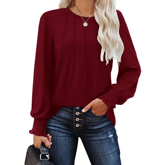 Sweatshirt for Women Women's Fashion Casual Pleated Round Neck Long Sleeve Solid Color T-Shirt Top