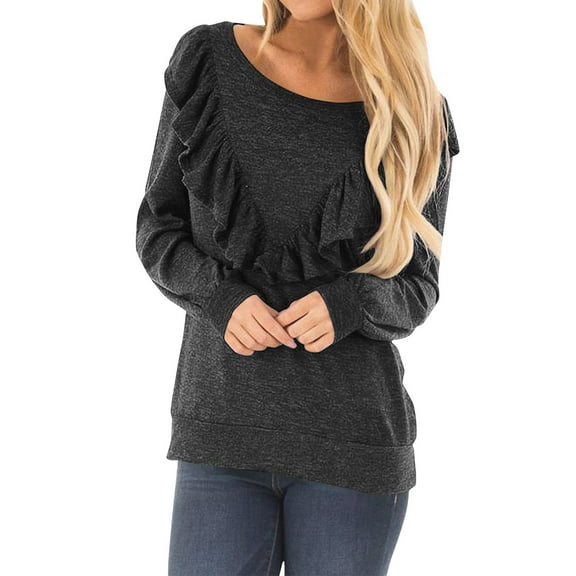 Sweatshirt for Women Women's Fashion Round Neck Ruffle Solid Color Long Sleeve Casual Pullover Top