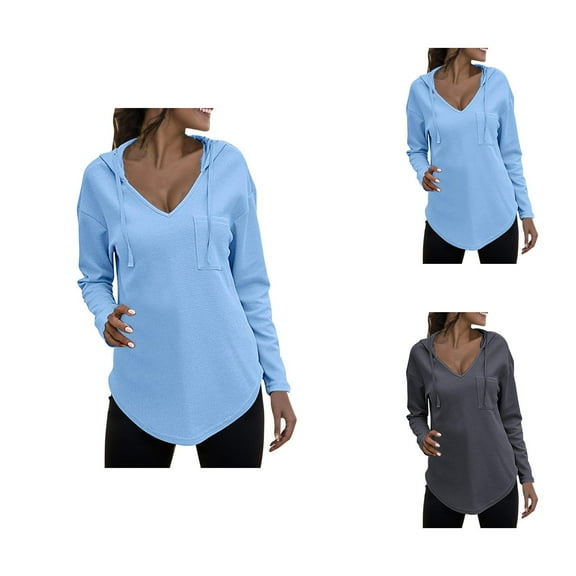 Sweatshirt for Women Women's Solid Sweatshirt Women's V Neck Hoodies Long Sleeve Sweatshirt Drawstring Pullover Tops With Pocket