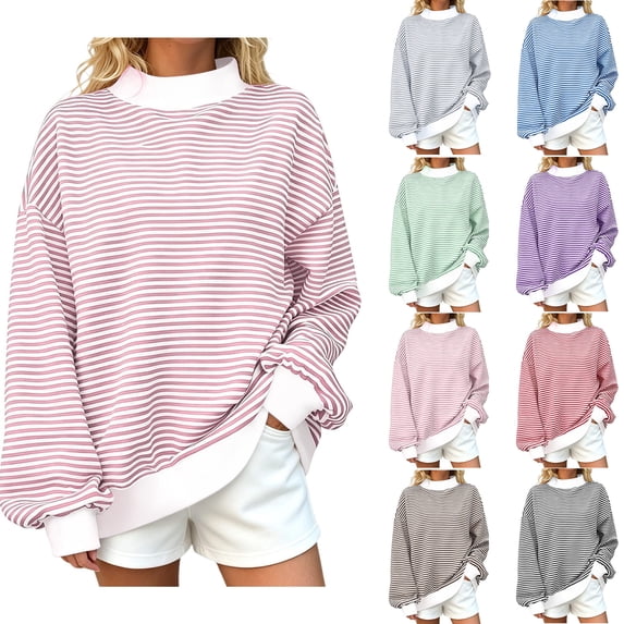 Sweatshirt for Women Zaewscy Women's Stylish Striped Long-Sleeve Casual Knit Pullover Comfortable Winter Top Pink L