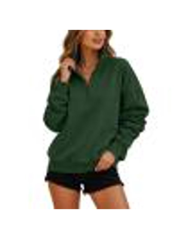 Sweatshirt for Women Zip Up No Hood Quarter Zip Pullover Oversized Long Sleeve Casual Comfy Fall Winter Y2K Shirt Dark Green S