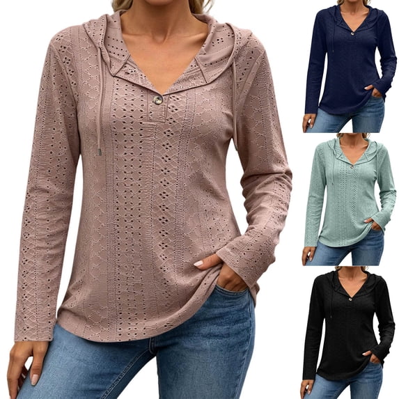 Sweatshirts Cute Long Sleeve Tops Women's Fashion Long Sleeved Hooded Button Solid Color Loose Sweatshirt Top Black M