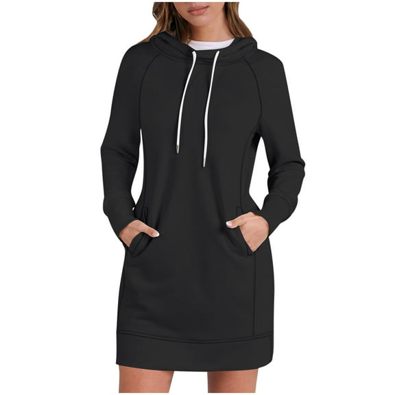 Sweatshirts Dress for Women Fleece Lined Oversized Hoodie Solid Color Pullover Autumn Winter Long Sleeve Tops Longline Sweaters Loose Hooded Sweatshirts Comfy Elegant Mini Dresses with Pockets