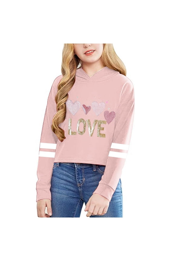 Sweatshirts For Girls Heart Love Print Long Sleeve Shirts Casual Graphic Winter Pullover Tee Blouse Baby Hoodie Pink 8 Y-9 Y