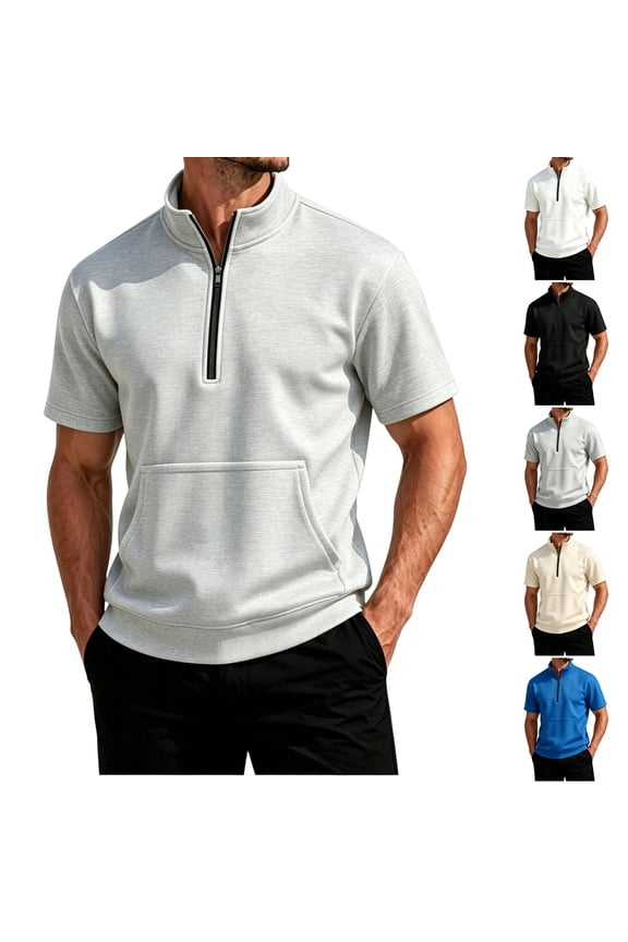 Sweatshirts For Men Short Sleeve Zip Up Mock Neck Sweatshirt Relaxed Fit Mens Casual Pullover Top with Pocket