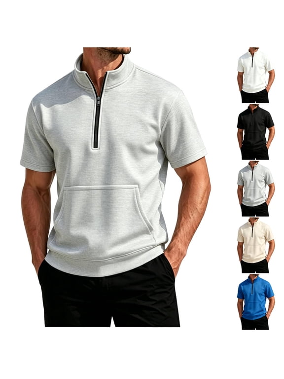 Sweatshirts For Men Short Sleeve Zip Up Mock Neck Sweatshirt Relaxed Fit Mens Casual Pullover Top with Pocket