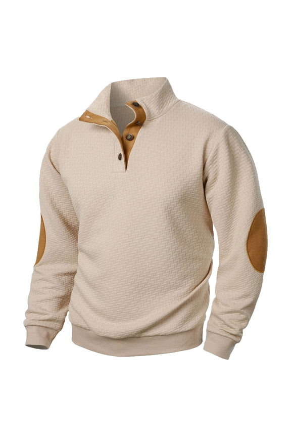Sweatshirts For Men Trendy Long Sleeve Stand Collar Button Up Pullover Tops Casual Loose Lightweight Shirts with Elbow Patches