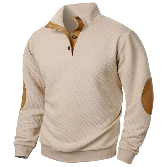 Sweatshirts For Men Trendy Long Sleeve Stand Collar Button Up Pullover Tops Casual Loose Lightweight Shirts with Elbow Patches
