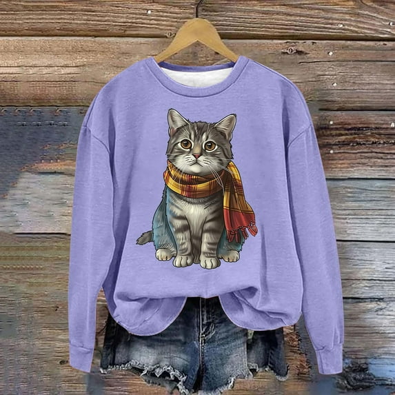 Sweatshirts For Women 2024 Fall Outfit Trendy Cute Printed Shirt Loose Fitting Round Neck Long Sleeve Hoodless Sweatshirts Tops Purple XL