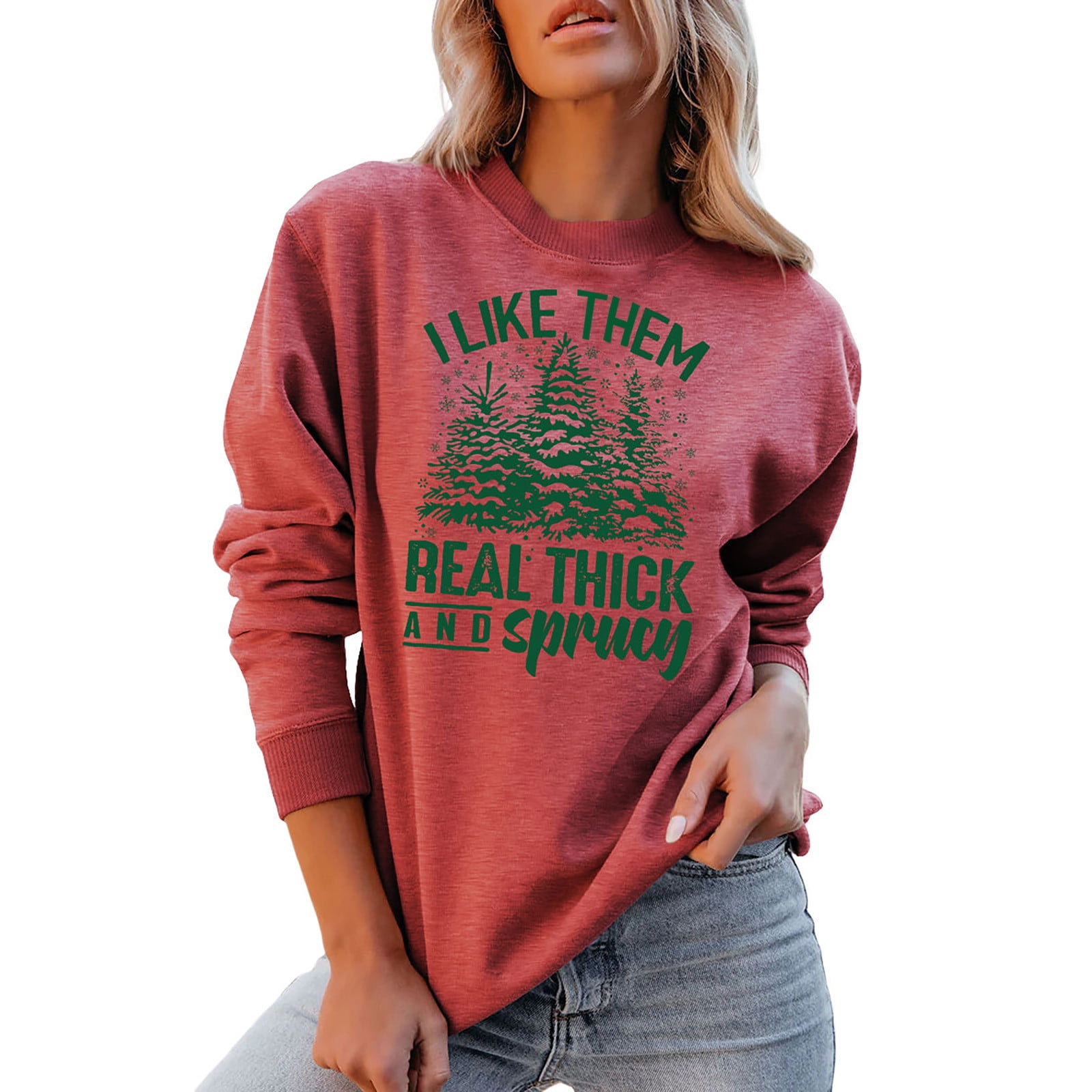 Round on sale neck sweatshirt with Christmas trees, thick Christmas round neck sweatshirt.