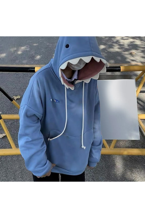 Sweatshirts For Women Cute Shark Hoodie Long Sleeve Blue Kawaii Shark Shape Hooded Pullover Trendy Hoodies Top