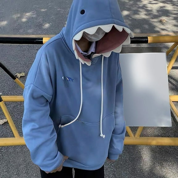 Sweatshirts For Women Cute Shark Hoodie Long Sleeve Blue Kawaii Shark Shape Hooded Pullover Trendy Hoodies Top