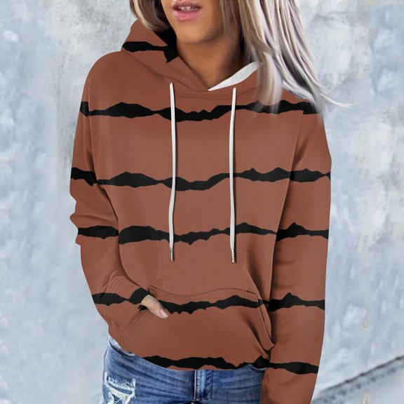 Sweatshirts For Women Loose Fit Ladies Fashion Casual Long Sleeve Striped Print Hoodie
