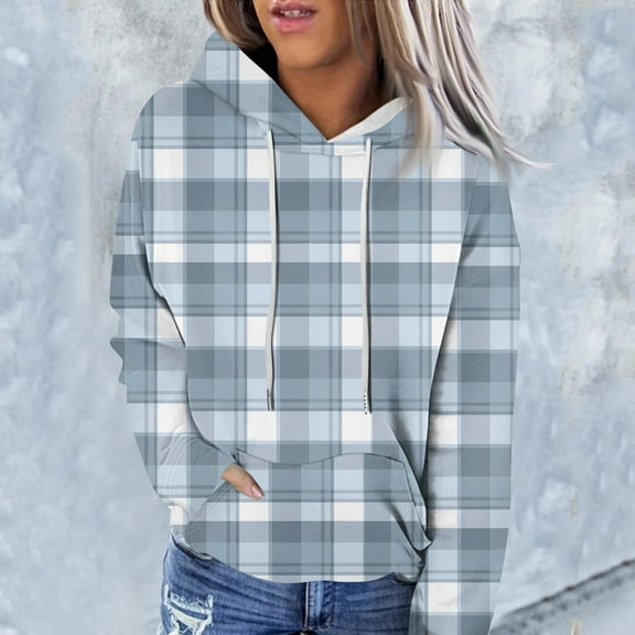Sweatshirts For Women Loose Fit Women's Fashion Casual Long Sleeve Plaid Printed Hooded Sweatshirt